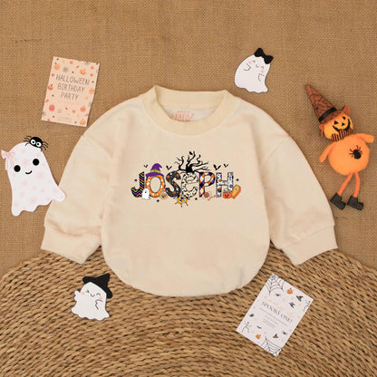 Personalized JOSEPH Halloween Baby Romper | Spooky Fall Outfit for Baby Boy or Girl | Custom Name Pumpkin & Ghost Design Baby's First Halloween