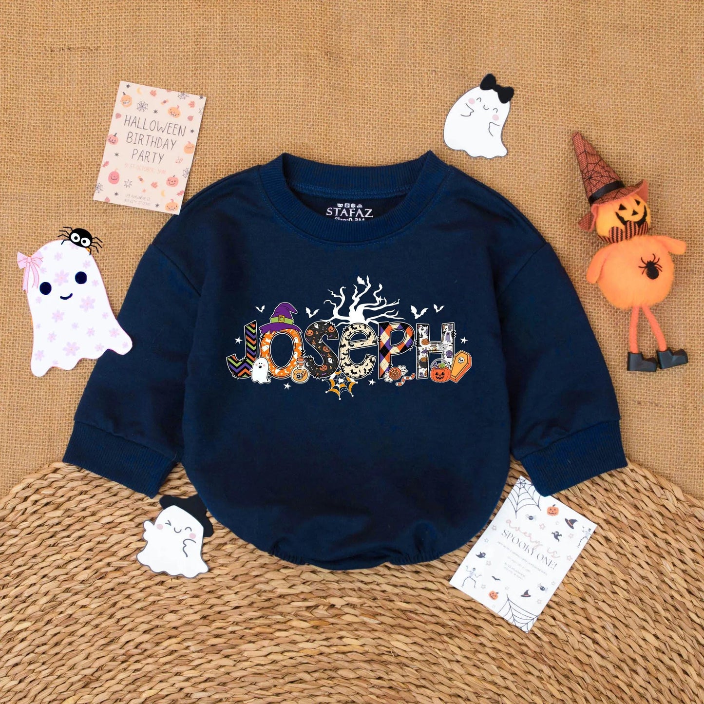 Personalized JOSEPH Halloween Baby Romper | Spooky Fall Outfit for Baby Boy or Girl | Custom Name Pumpkin & Ghost Design Baby's First Halloween