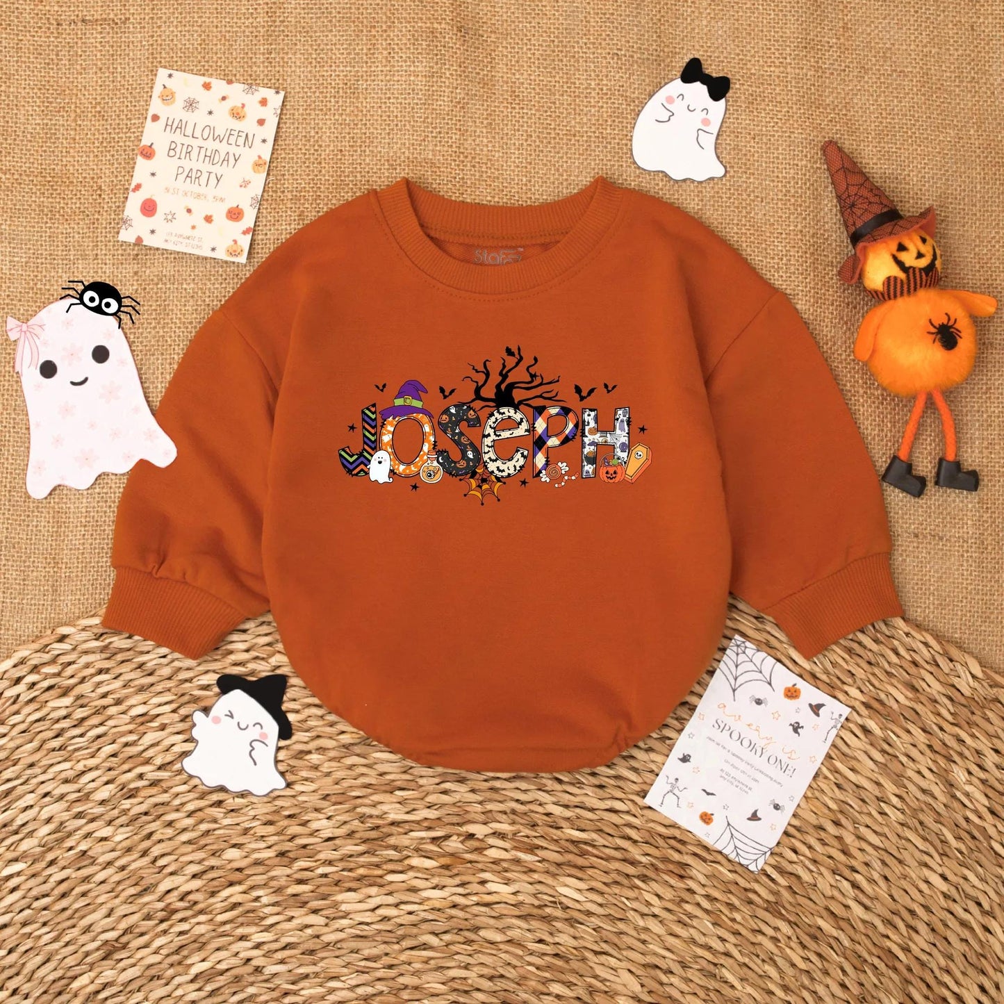 Personalized JOSEPH Halloween Baby Romper | Spooky Fall Outfit for Baby Boy or Girl | Custom Name Pumpkin & Ghost Design Baby's First Halloween