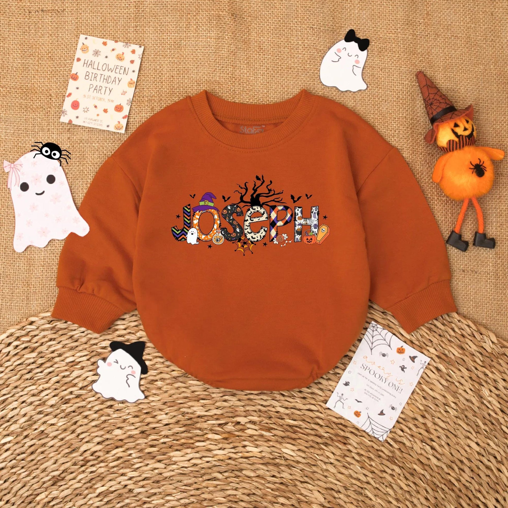 Personalized JOSEPH Halloween Baby Romper | Spooky Fall Outfit for Baby Boy or Girl | Custom Name Pumpkin & Ghost Design Baby's First Halloween