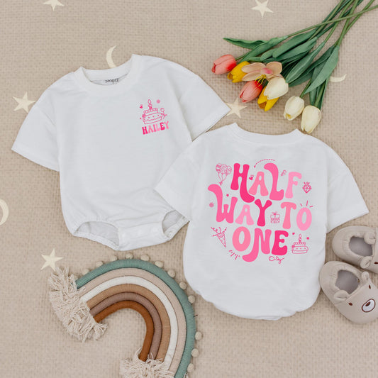 Custom Name Half Birthday Romper for Baby Girl Pink Bow Soft Cotton 6 Month Outfit Adorable Personalized Gift