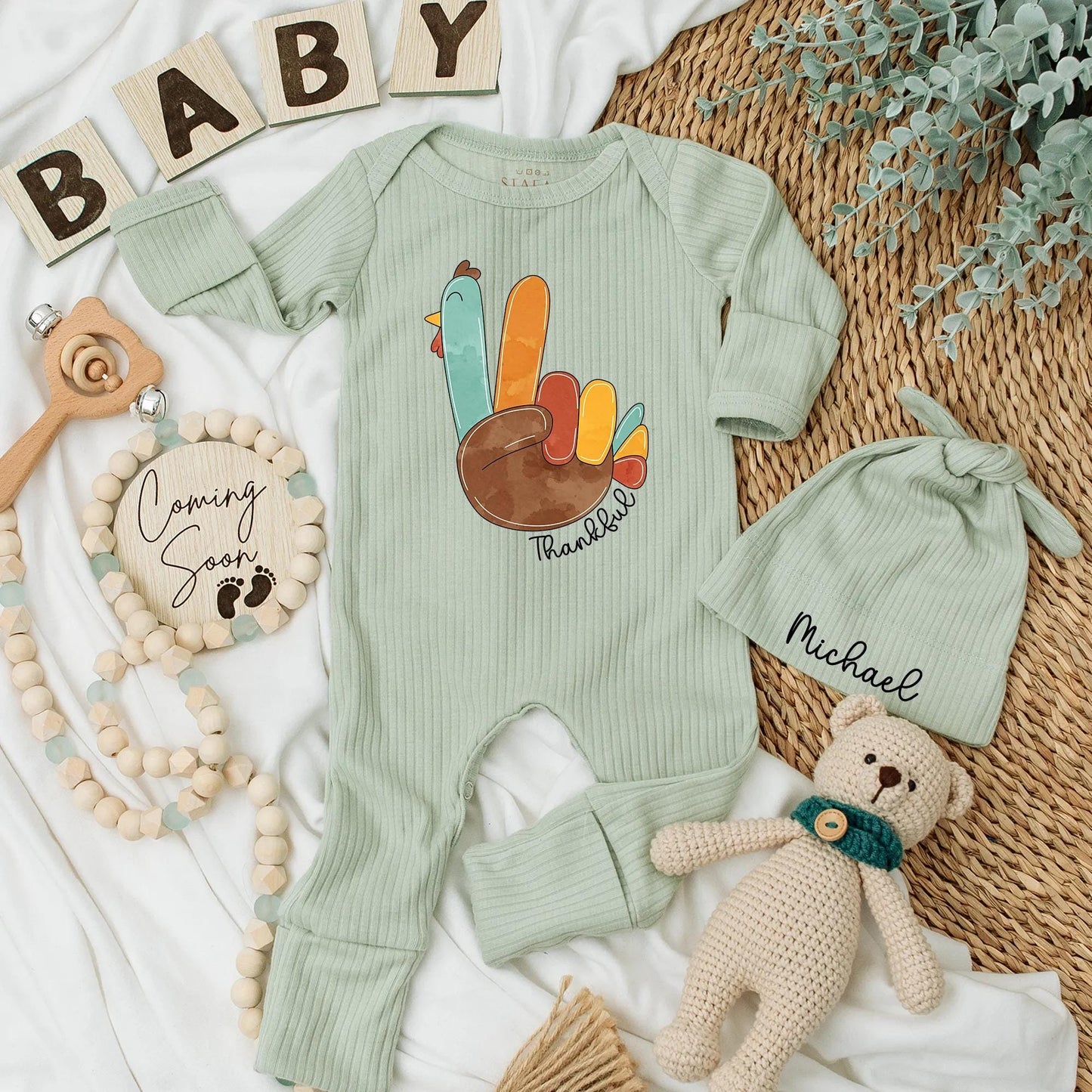 Thankful Turkey Baby Bodysuit First Thanksgiving Outfit Cute Fall Romper Personalized Name Baby Shower Gift Autumn Baby Shirt
