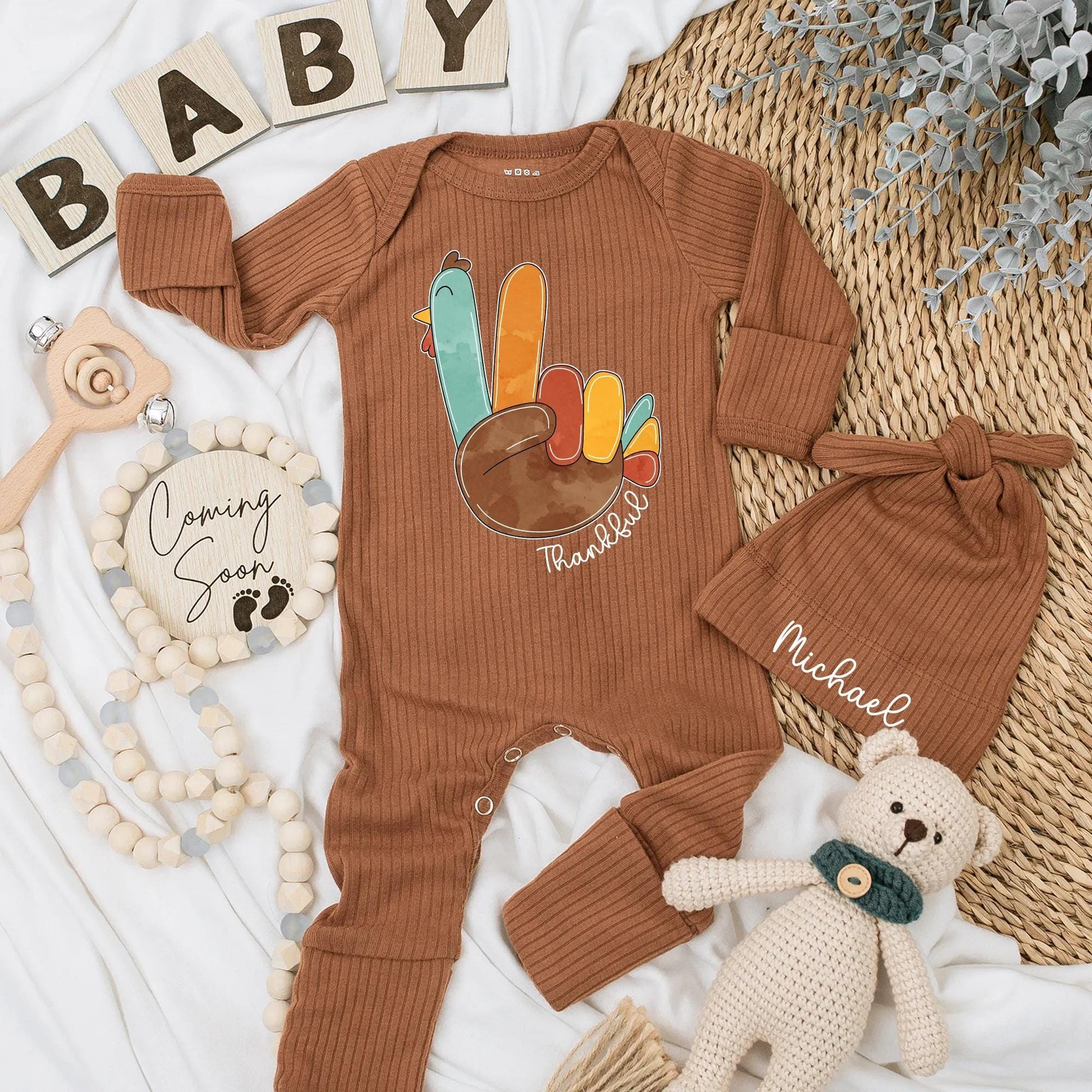Thankful Turkey Baby Bodysuit First Thanksgiving Outfit Cute Fall Romper Personalized Name Baby Shower Gift Autumn Baby Shirt