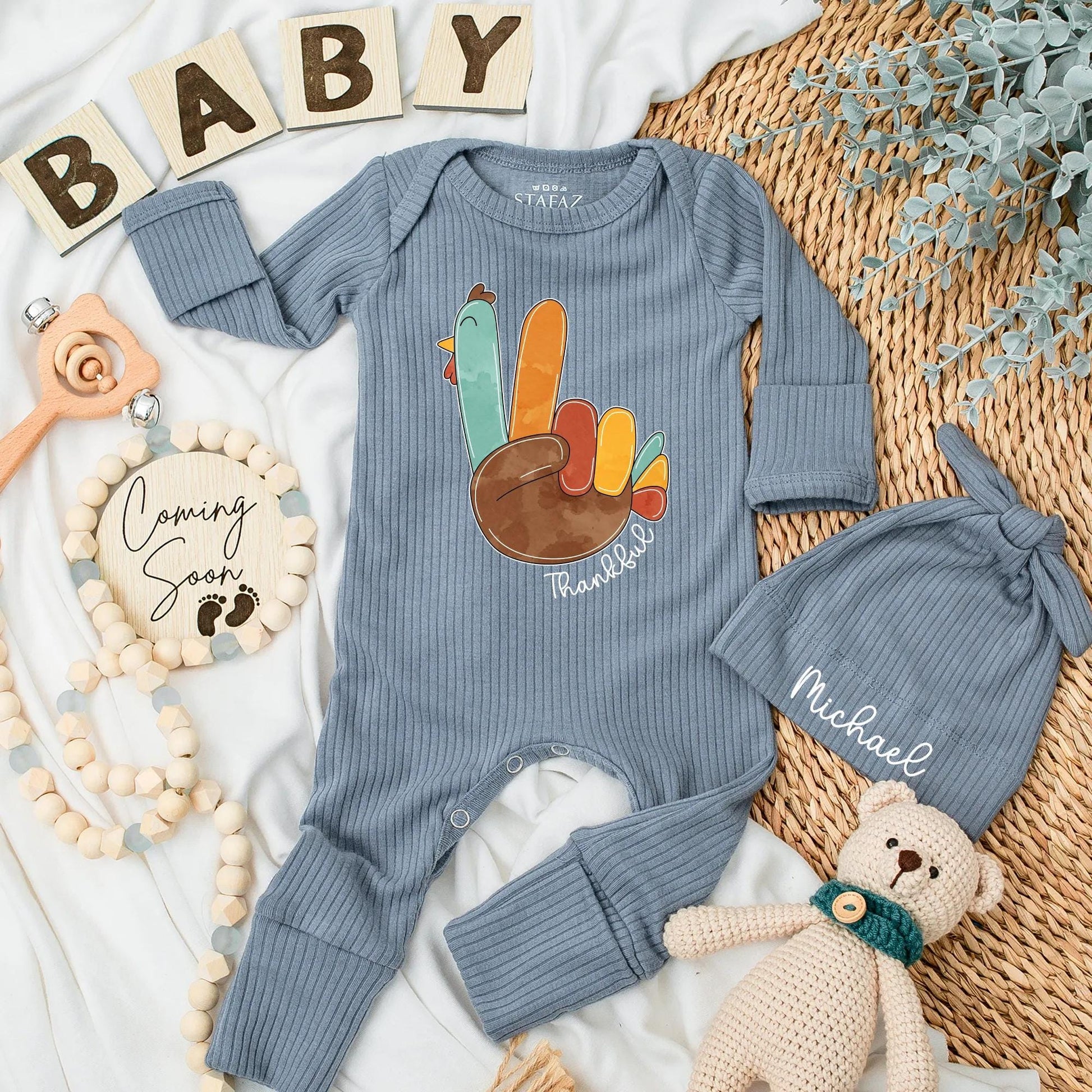 Thankful Turkey Baby Bodysuit First Thanksgiving Outfit Cute Fall Romper Personalized Name Baby Shower Gift Autumn Baby Shirt