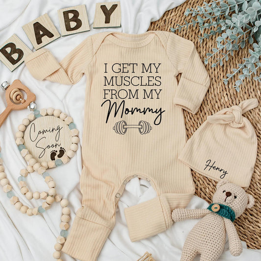 I Get My Muscles from My Mommy Baby Bodysuit, Funny Gym Clothes for Newborns, Baby Shower Gift, Workout Romper, Custom Outfit
