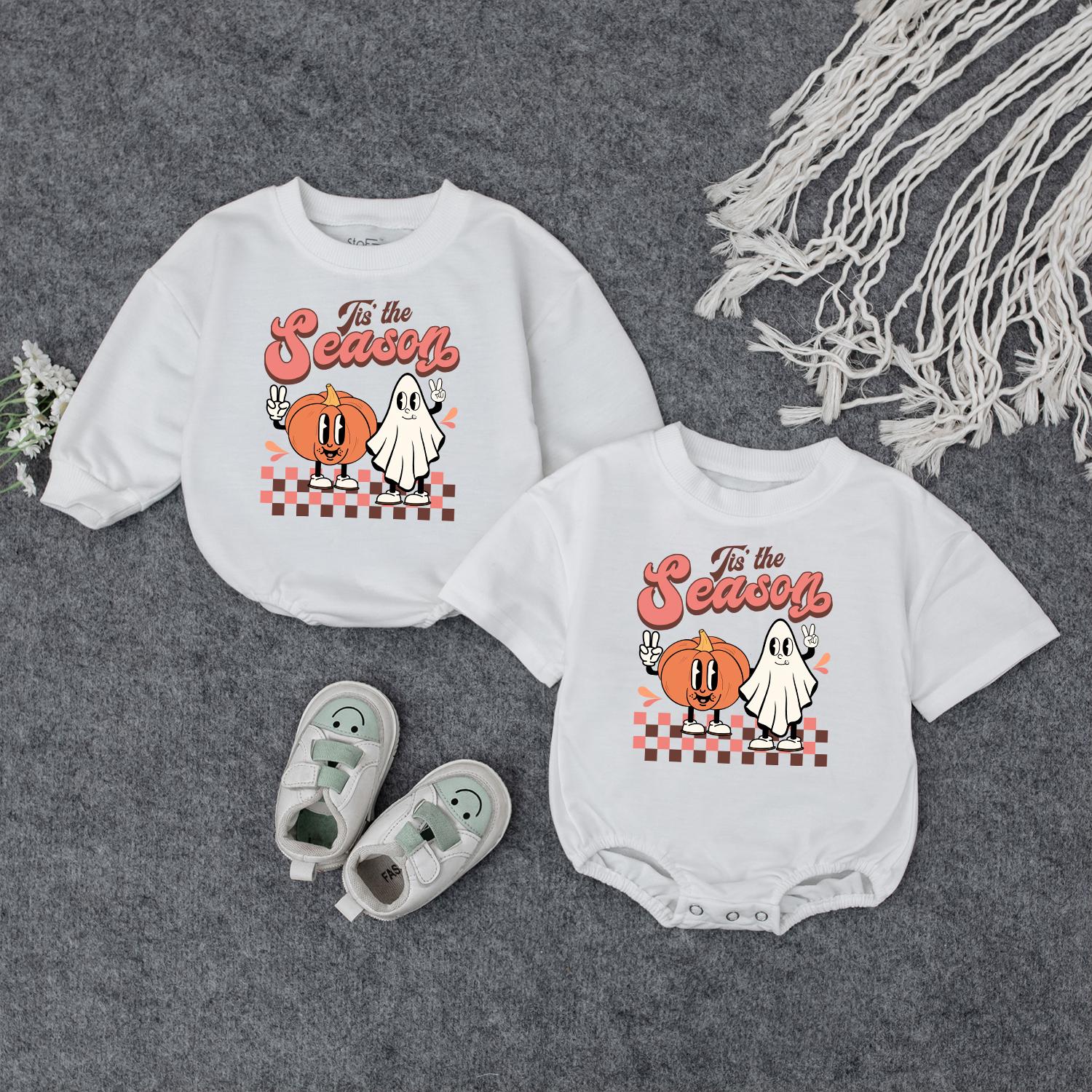 Retro Tis the Season Sweatshirt, Thanksgiving Baby Bodysuit & Romper for Fall, Vintage Style, Boy or Girl, Pumpkin Spice Baby Gift (139 chars)