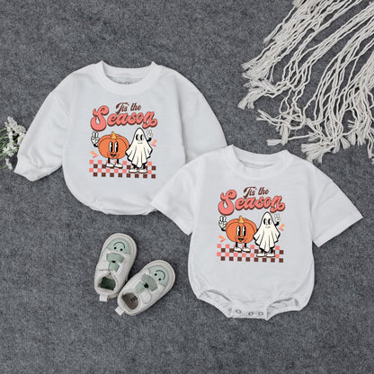 Retro Tis the Season Sweatshirt, Thanksgiving Baby Bodysuit & Romper for Fall, Vintage Style, Boy or Girl, Pumpkin Spice Baby Gift (139 chars)