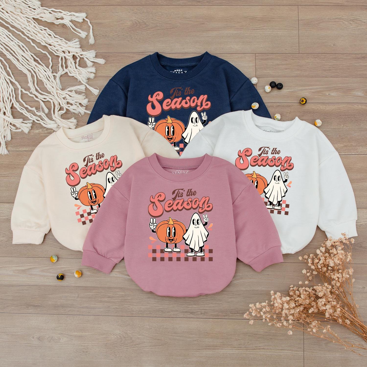 Retro Tis the Season Sweatshirt, Thanksgiving Baby Bodysuit & Romper for Fall, Vintage Style, Boy or Girl, Pumpkin Spice Baby Gift (139 chars)
