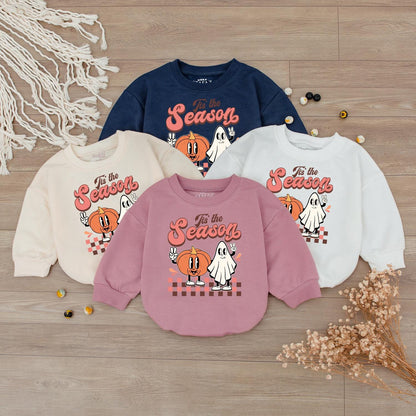 Retro Tis the Season Sweatshirt, Thanksgiving Baby Bodysuit & Romper for Fall, Vintage Style, Boy or Girl, Pumpkin Spice Baby Gift (139 chars)