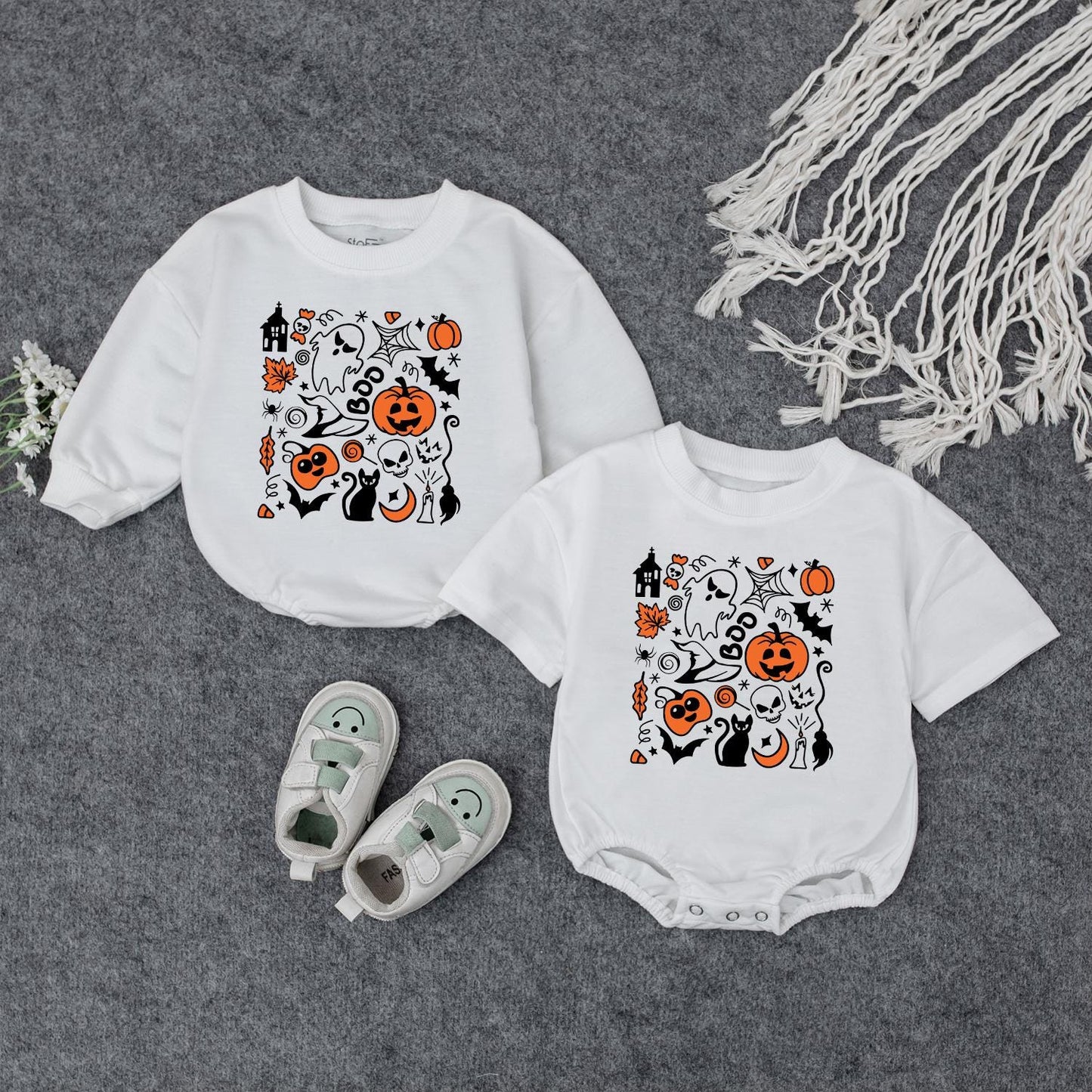 Retro Halloween Baby Sweatshirt & Romper Set: Cute Ghost & Pumpkin Design for Newborns, Toddlers, Fall Baby Clothes, Halloween Gifts