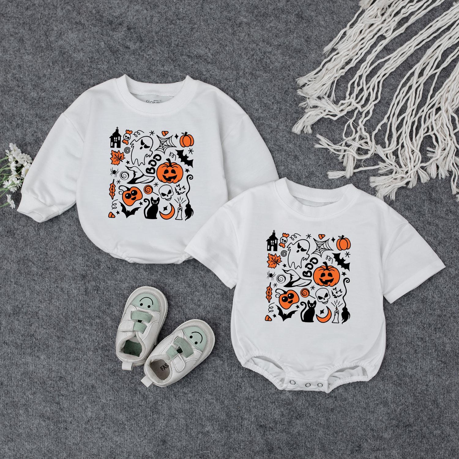 Retro Halloween Baby Sweatshirt & Romper Set: Cute Ghost & Pumpkin Design for Newborns, Toddlers, Fall Baby Clothes, Halloween Gifts