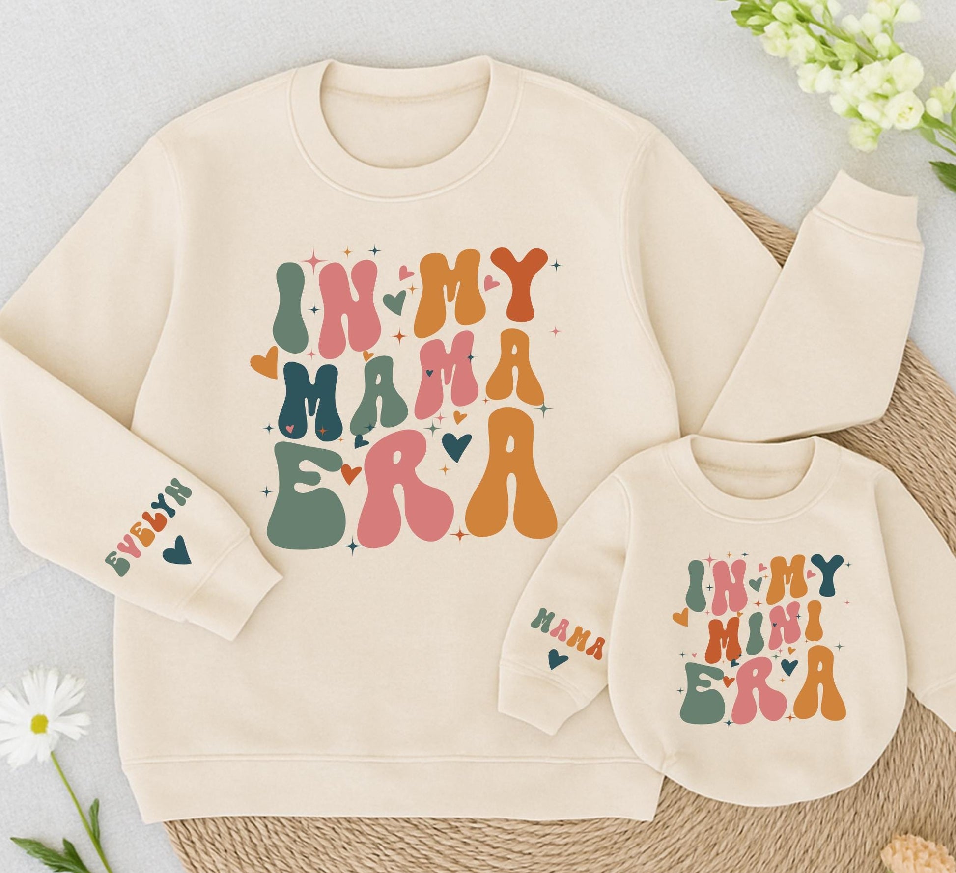 Groovy Retro Mama Era Sweatshirt with Starbursts and Hearts Personalized Mini Matching Family Shirt