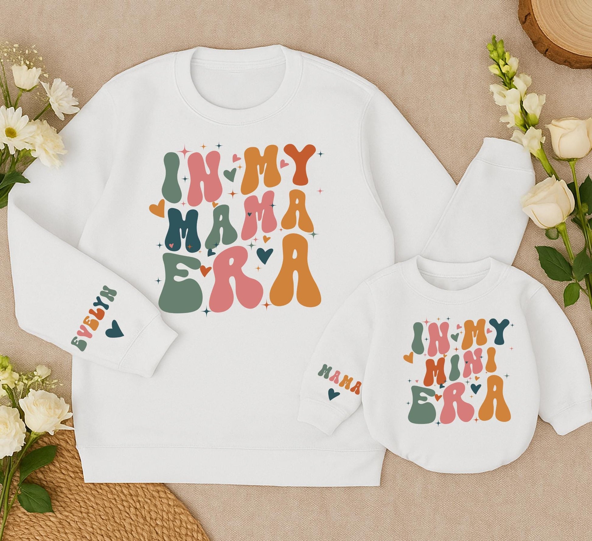 Groovy Retro Mama Era Sweatshirt with Starbursts and Hearts Personalized Mini Matching Family Shirt