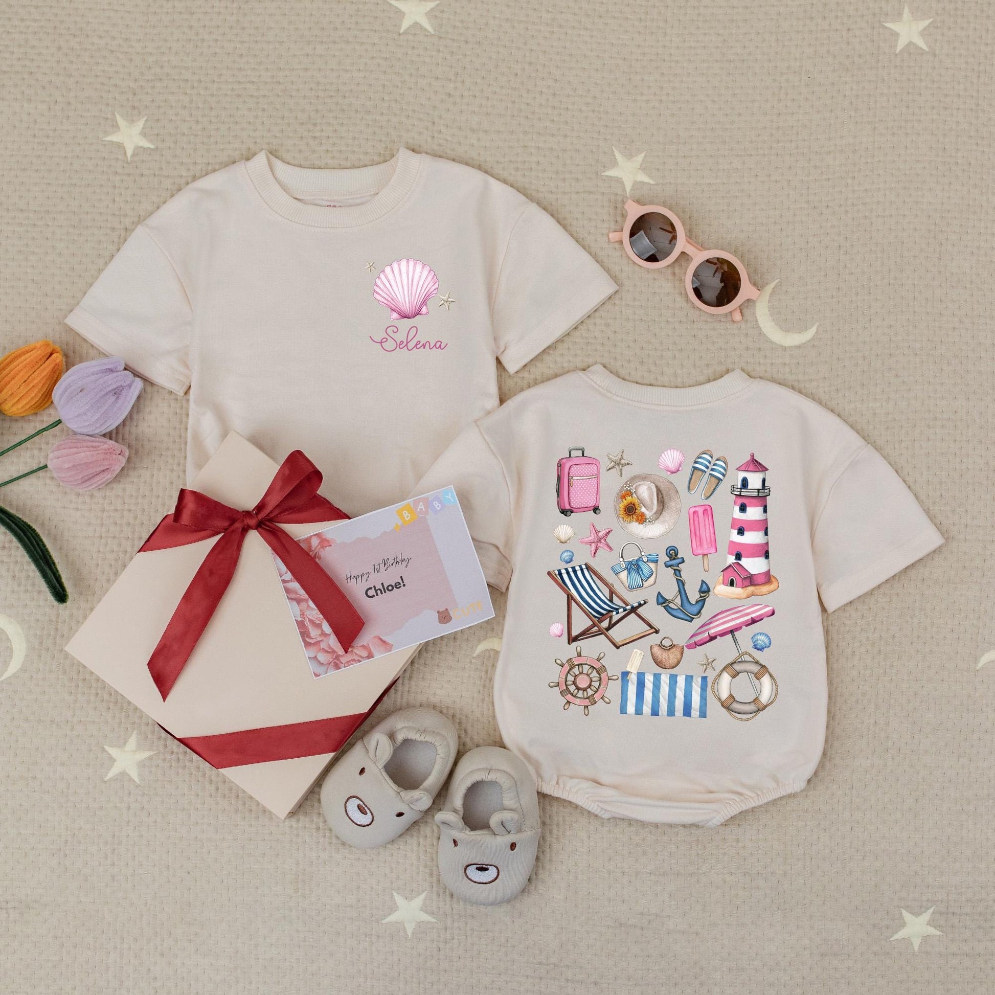 Custom Name Summer Vibes Baby Romper with Seashell Bow Cute Beach Outfit Personalized Summer Bodysuit Baby Gifts