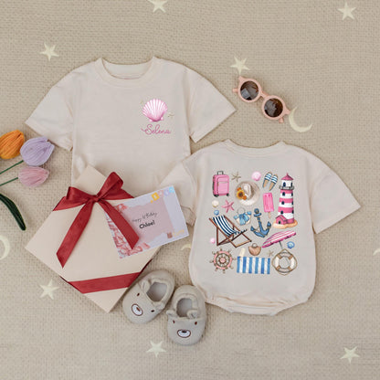 Custom Name Summer Vibes Baby Romper with Seashell Bow Cute Beach Outfit Personalized Summer Bodysuit Baby Gifts