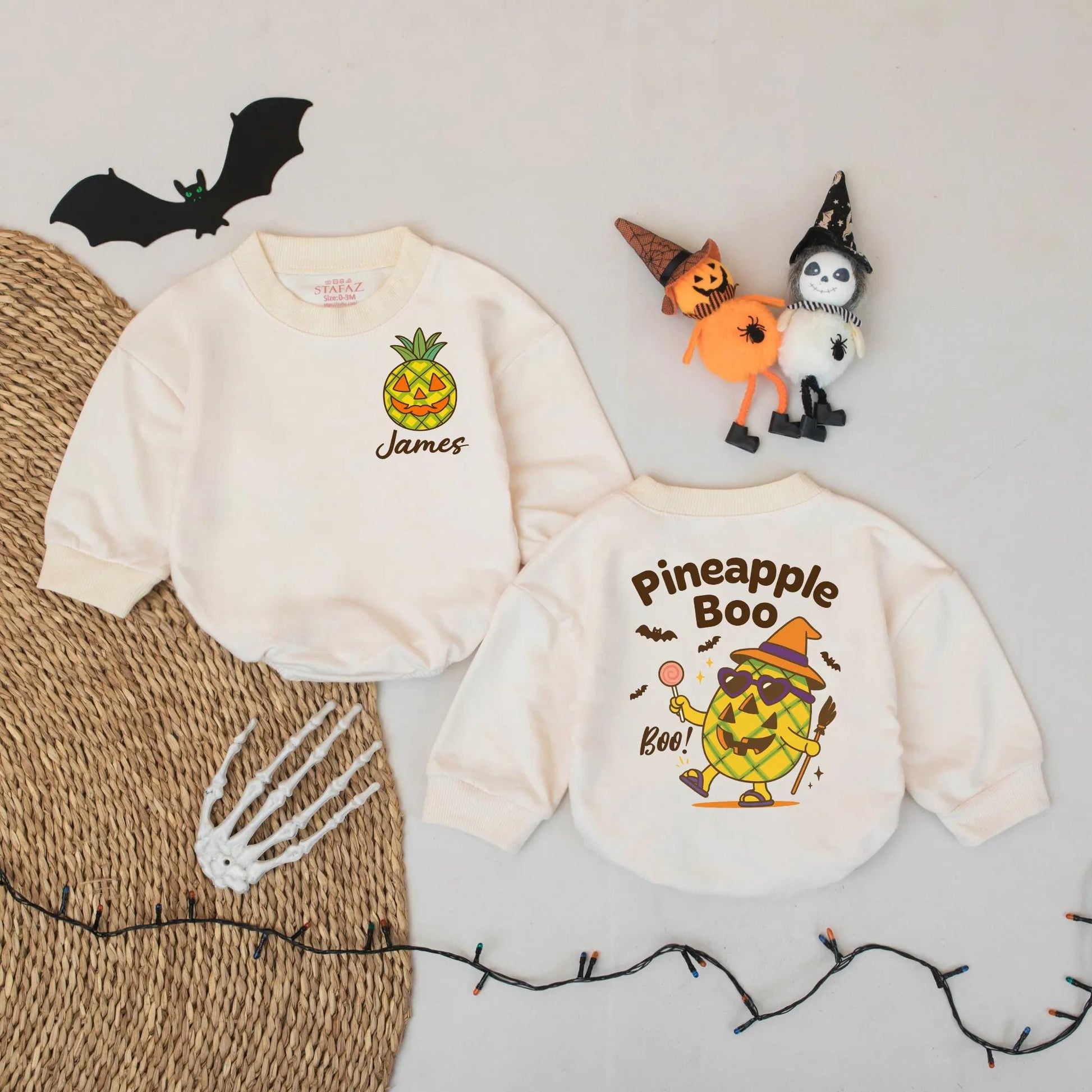 Custom Name Pineapple Boo Baby Romper Tropical Halloween Spooky Infant Outfit Cheerful Jack-o-Lantern Witch Bat Design Soft