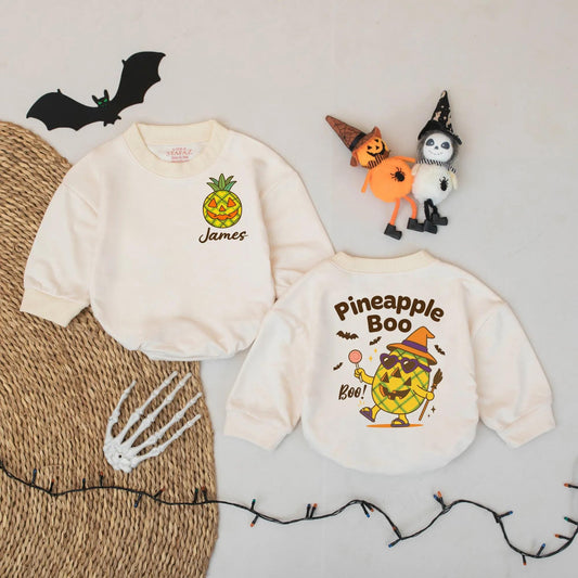Custom Name Pineapple Boo Baby Romper Tropical Halloween Spooky Infant Outfit Cheerful Jack-o-Lantern Witch Bat Design Soft