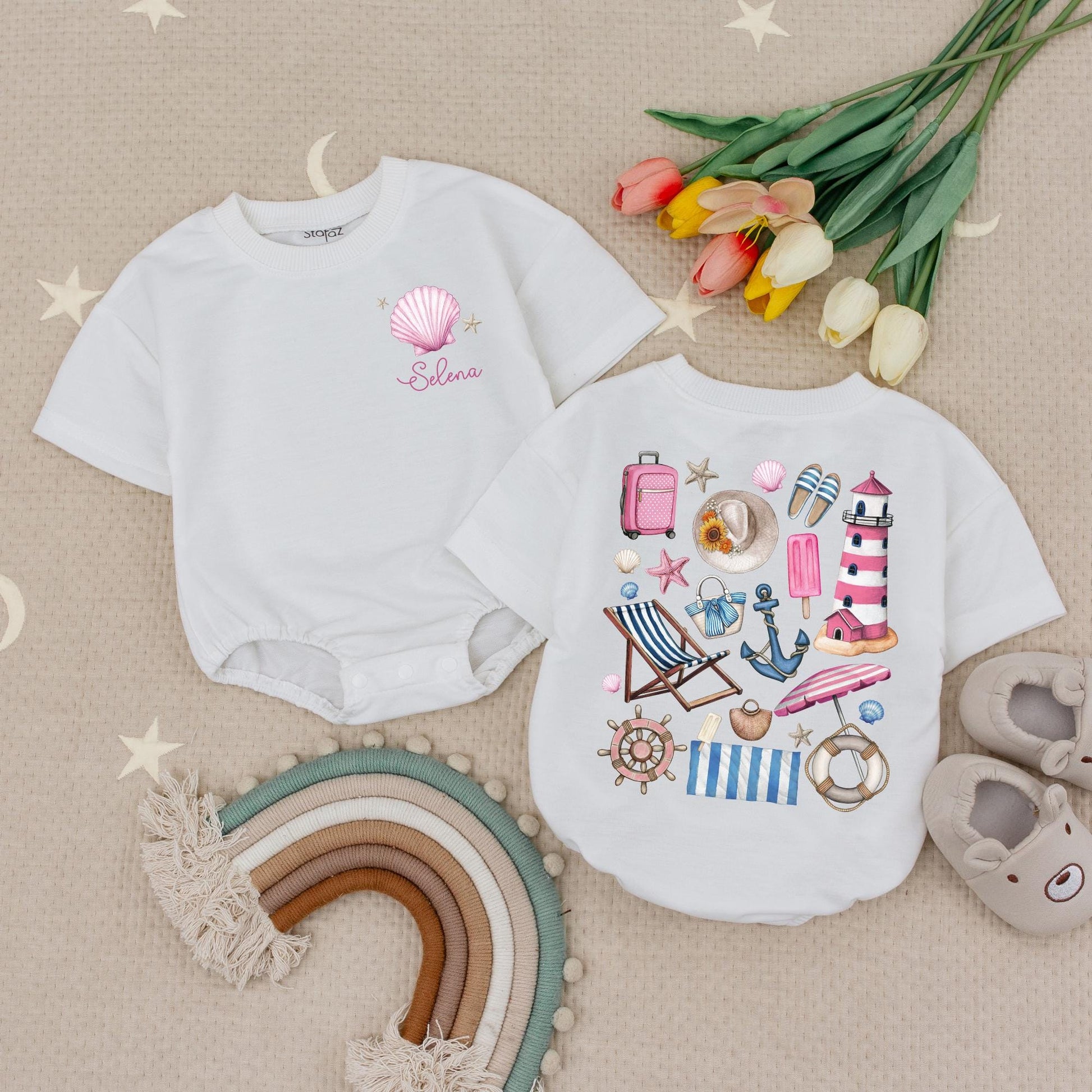 Custom Name Summer Vibes Baby Romper with Seashell Bow Cute Beach Outfit Personalized Summer Bodysuit Baby Gifts