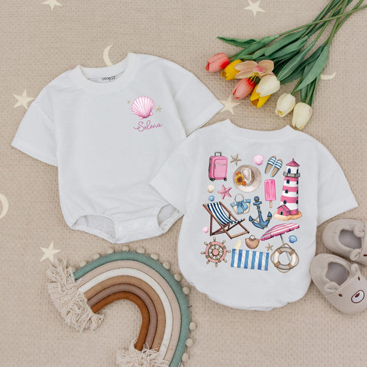 Custom Name Summer Vibes Baby Romper with Seashell Bow Cute Beach Outfit Personalized Summer Bodysuit Baby Gifts