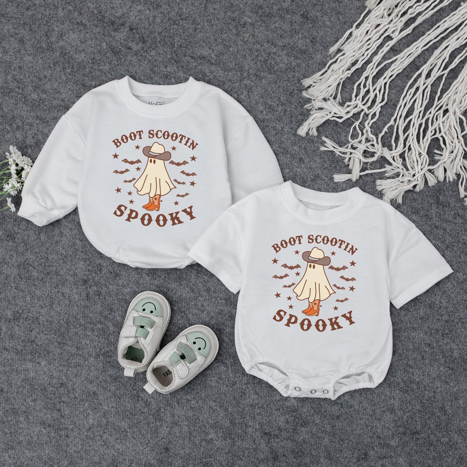 Boot Scootin' Spooky Cowboy Romper Halloween Baby Outfit Western Ghost Clothes Toddler Boy Girl Sweatshirt First Halloween Gift