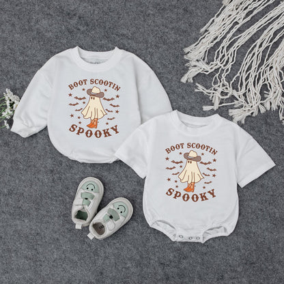 Boot Scootin' Spooky Cowboy Romper Halloween Baby Outfit Western Ghost Clothes Toddler Boy Girl Sweatshirt First Halloween Gift