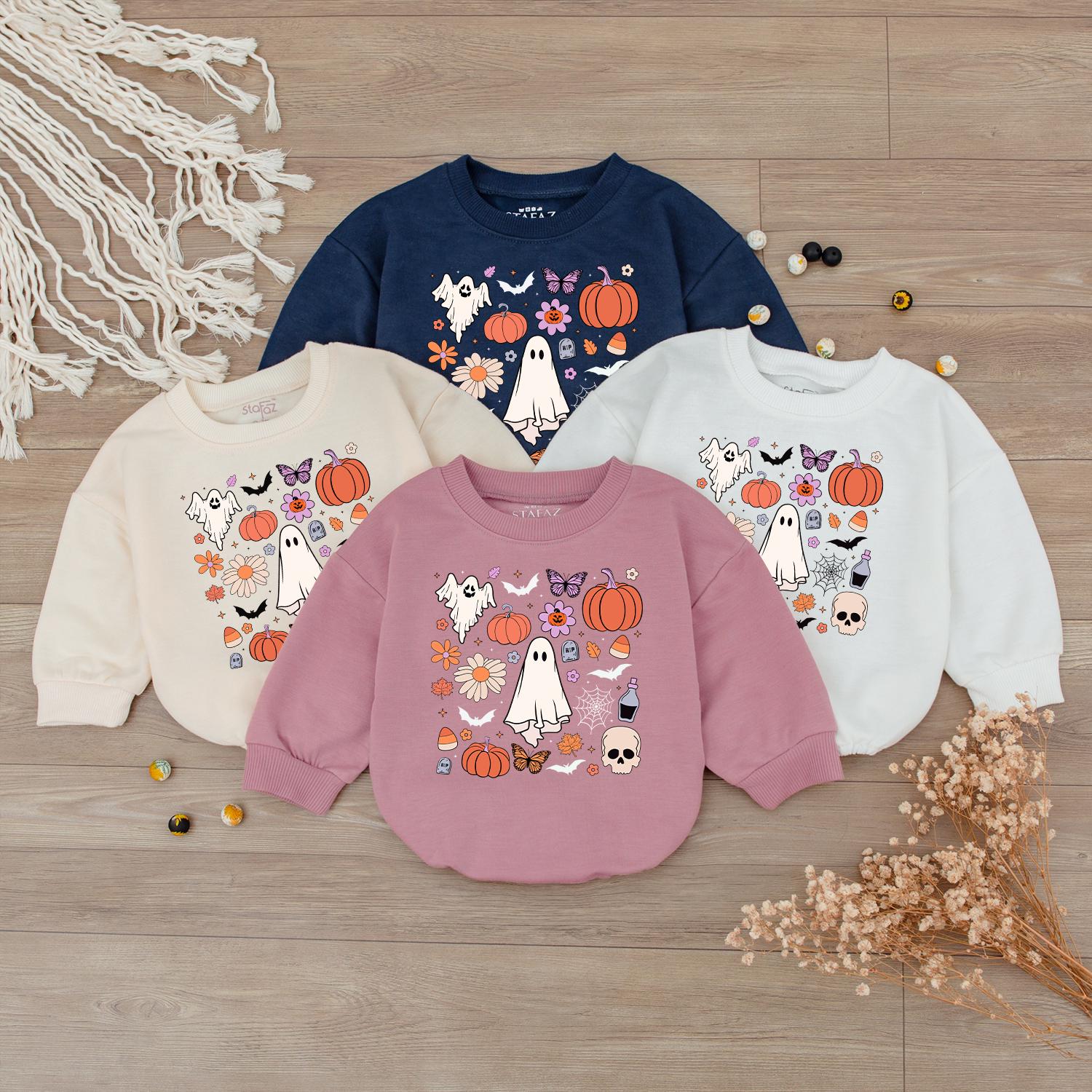 Retro Ghost Halloween Doodle Sweatshirt Toddler Baby Romper Spooky Fall Kid's Shirt First Halloween Gift
