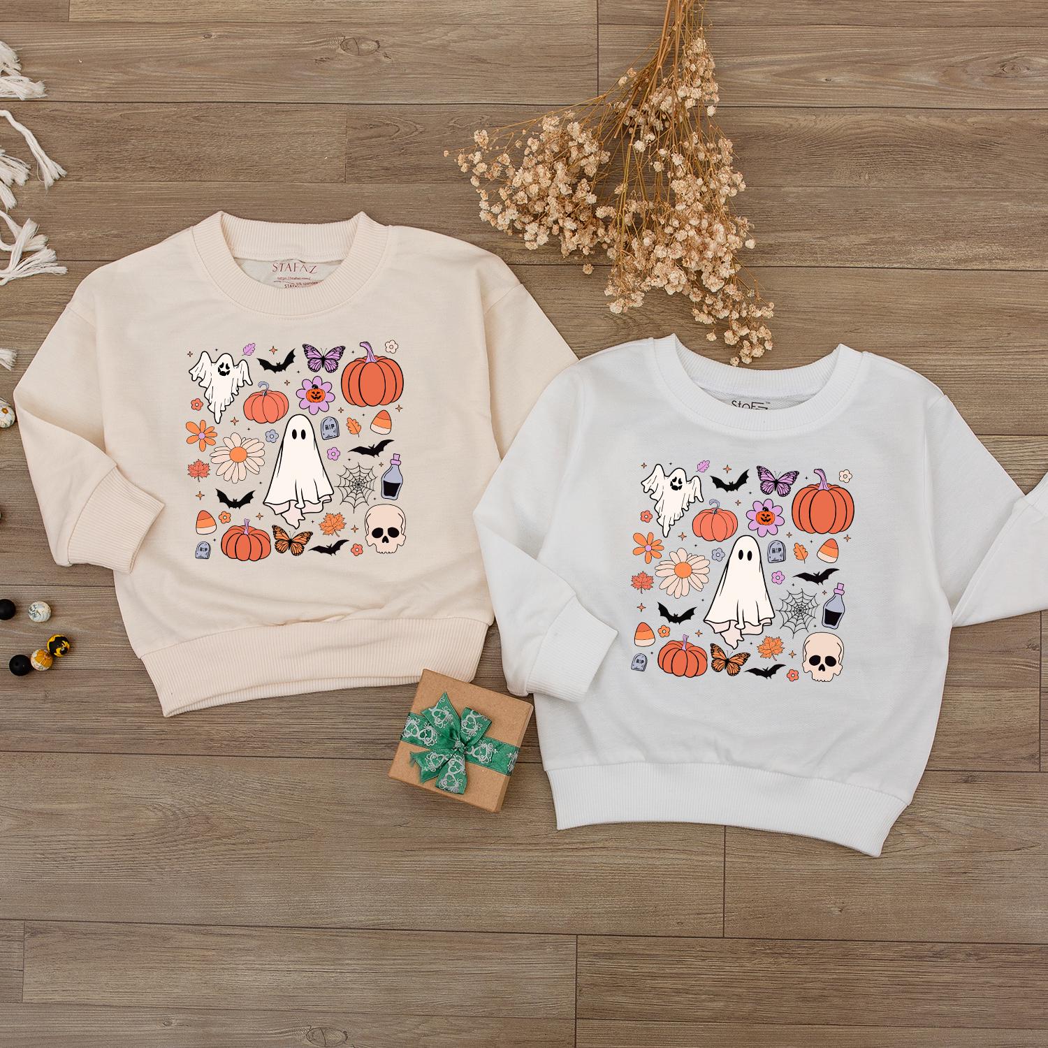Retro Ghost Halloween Doodle Sweatshirt Toddler Baby Romper Spooky Fall Kid's Shirt First Halloween Gift