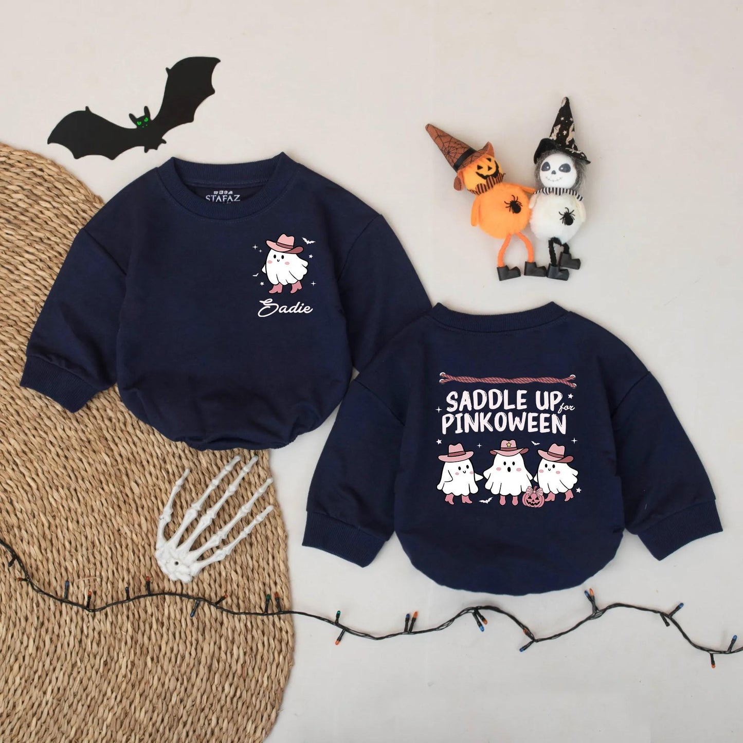 Personalized Baby Girl Pinkoween Romper Western Ghost Cowboy Hat Cute Halloween Outfit Saddle Up Boo Bodysuit with Stars Bats Pumpkin Design