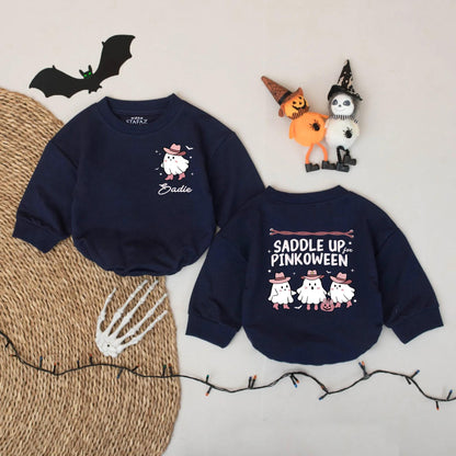 Personalized Baby Girl Pinkoween Romper Western Ghost Cowboy Hat Cute Halloween Outfit Saddle Up Boo Bodysuit with Stars Bats Pumpkin Design