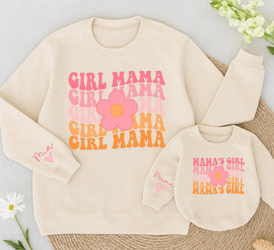 Personalized Girl Mama and Mama's Girl Sweatshirt Custom Retro Flower Mom and Baby Matching Family Outfits Vintage Daughter Kid Gift