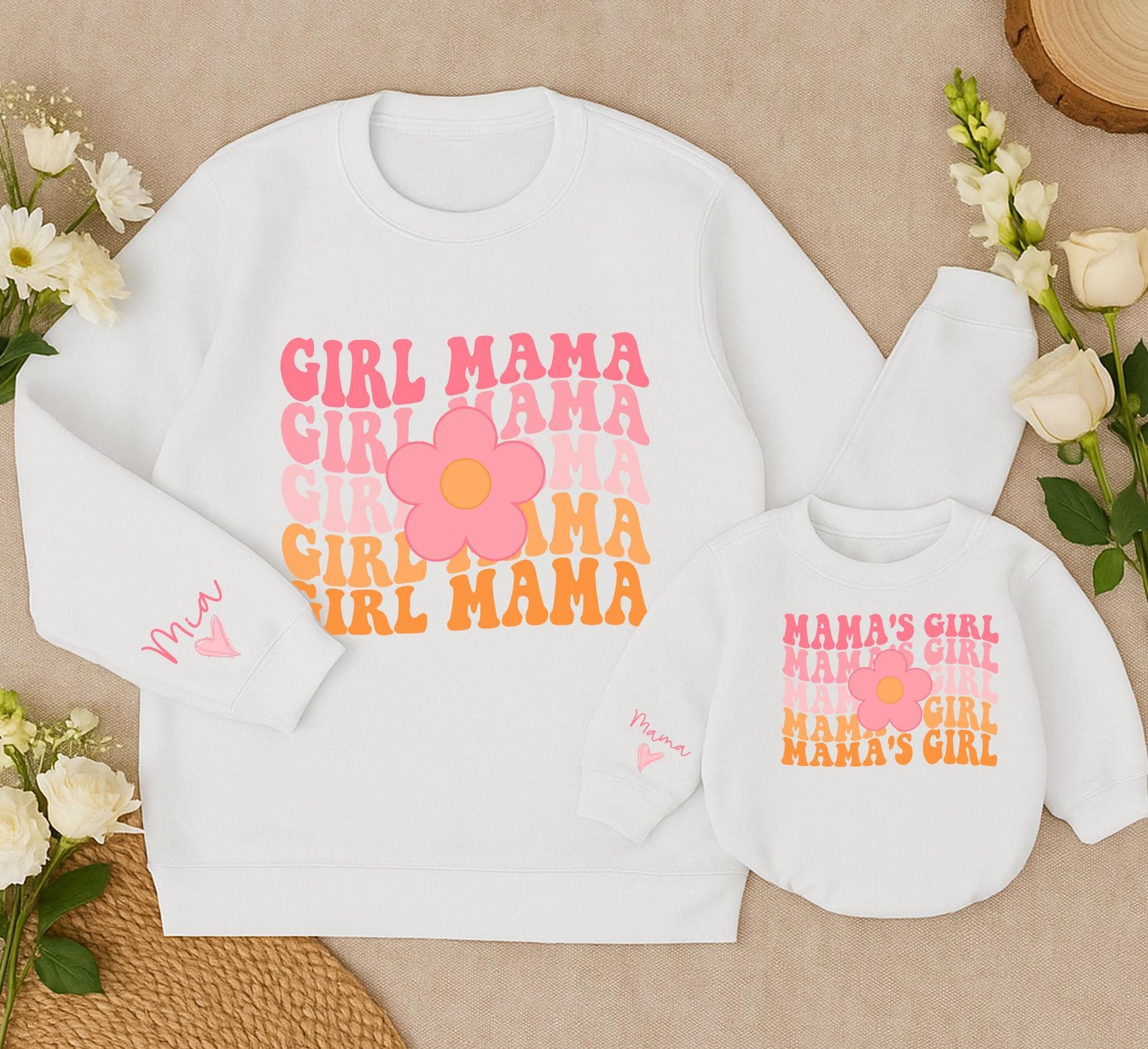 Personalized Girl Mama and Mama's Girl Sweatshirt Custom Retro Flower Mom and Baby Matching Family Outfits Vintage Daughter Kid Gift