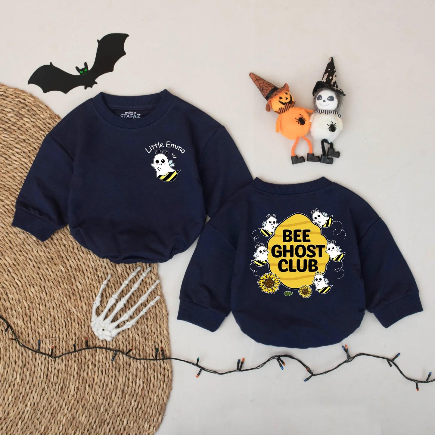 Personalized Little Emma Bee Ghost Romper - Cute Halloween Baby Bodysuit - Spooky Buzz Boo Outfit - Yellow & Black Cartoon Ghost Bee Clothes 138 chr
