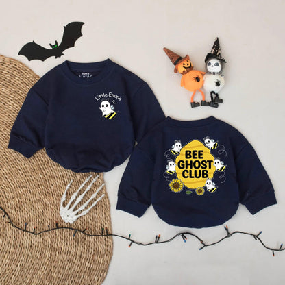 Personalized Little Emma Bee Ghost Romper - Cute Halloween Baby Bodysuit - Spooky Buzz Boo Outfit - Yellow & Black Cartoon Ghost Bee Clothes 138 chr