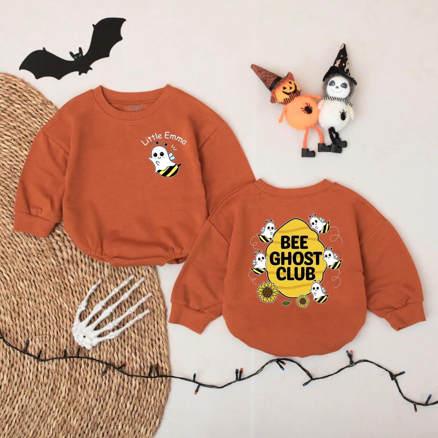 Personalized Little Emma Bee Ghost Romper - Cute Halloween Baby Bodysuit - Spooky Buzz Boo Outfit - Yellow & Black Cartoon Ghost Bee Clothes 138 chr