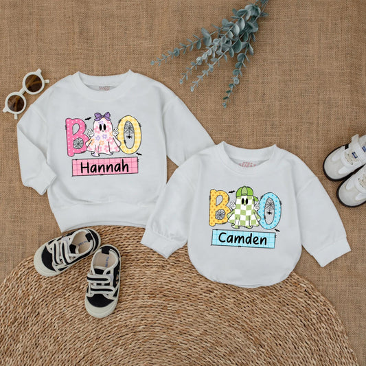 Personalized Boo Ghost Matching Siblings Halloween Outfits Boy Girl Sweatshirt Romper Toddler Baby Kids Fall Holiday Family Shirts