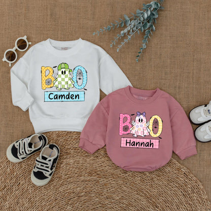 Personalized Boo Ghost Matching Siblings Halloween Outfits Boy Girl Sweatshirt Romper Toddler Baby Kids Fall Holiday Family Shirts