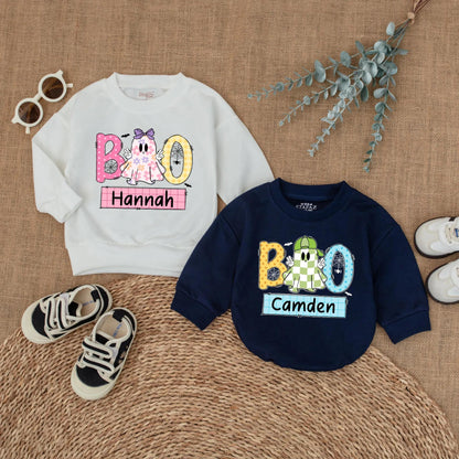 Personalized Boo Ghost Matching Siblings Halloween Outfits Boy Girl Sweatshirt Romper Toddler Baby Kids Fall Holiday Family Shirts