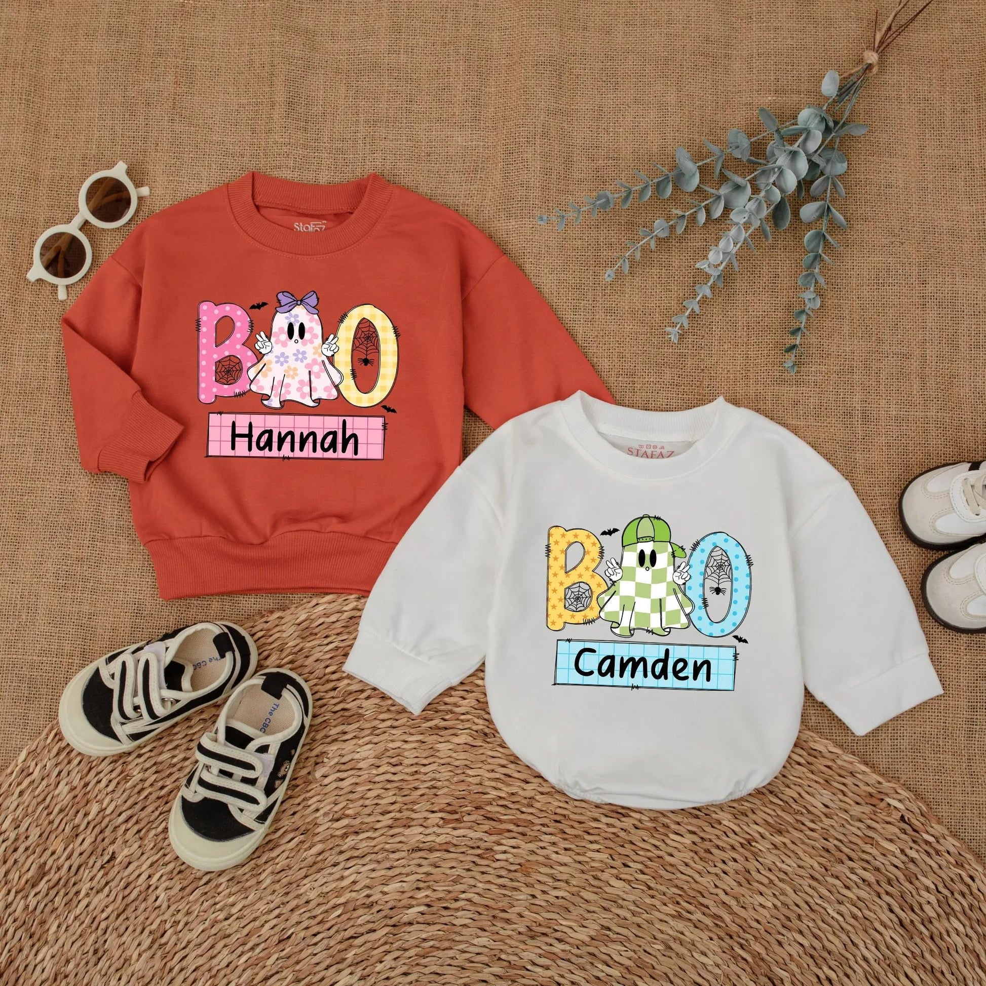 Personalized Boo Ghost Matching Siblings Halloween Outfits Boy Girl Sweatshirt Romper Toddler Baby Kids Fall Holiday Family Shirts