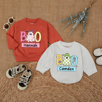 Personalized Boo Ghost Matching Siblings Halloween Outfits Boy Girl Sweatshirt Romper Toddler Baby Kids Fall Holiday Family Shirts