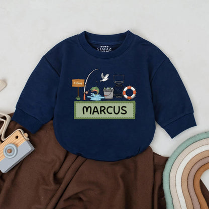 Personalized Fishing Baby Romper Custom Name Daddy and Me Outfit Baby Boy Girl Fall Outdoor Bodysuit Rustic Fisherman Camping Gift