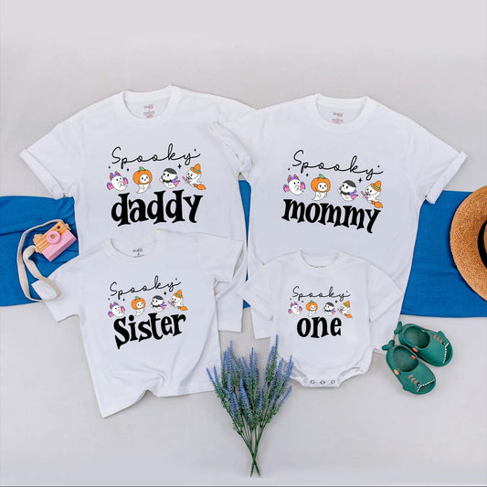 Personalized Halloween Family Matching Shirts Spooky One Birthday Outfit Romper Cute Ghost Design Soft Cotton Halloween Family Tees