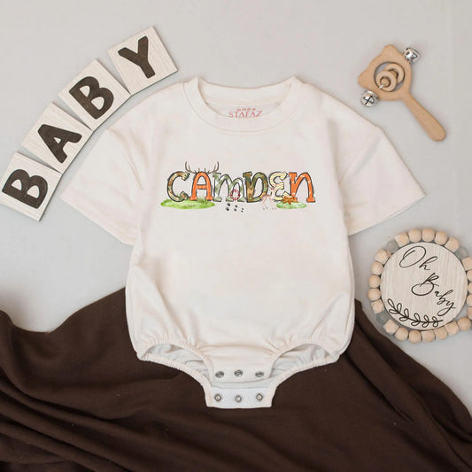 Personalized Deer Hunting Baby Romper with Custom Name Bubble Bodysuit Rustic Country Boy Outdoor Fall Outfit Comfortable Shower Gift