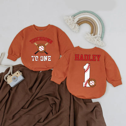 Personalized First Birthday Baseball Football Baby Boy Sports Romper Outfit with Custom Name Touchdown to One Design Baby Shower Gift