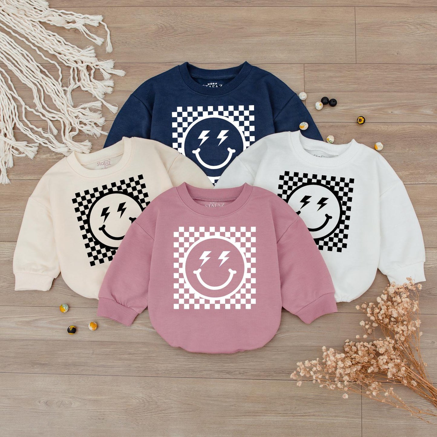 Checkered Happy Face Smiley Sweatshirt for Kids and Womens Retro Vintage Baby Hot Pink Casual Gift