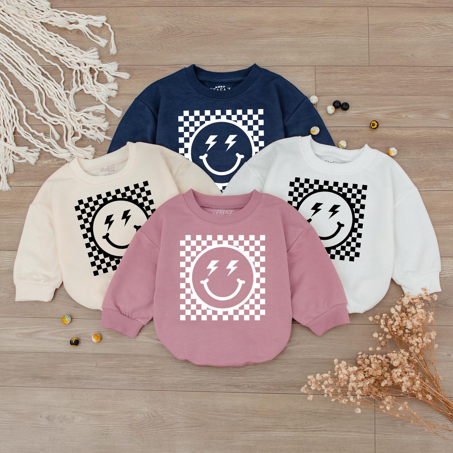 Checkered Happy Face Smiley Sweatshirt for Kids and Womens Retro Vintage Baby Hot Pink Casual Gift