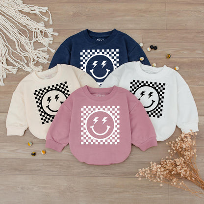 Checkered Happy Face Smiley Sweatshirt for Kids and Womens Retro Vintage Baby Hot Pink Casual Gift