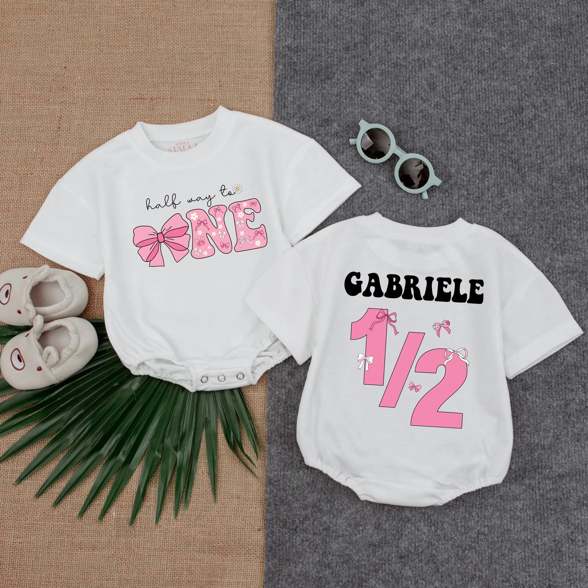 Personalized Half Way To One Pink Bow Romper 6 Months Birthday Outfit Girl Bodysuit Milestone Gift