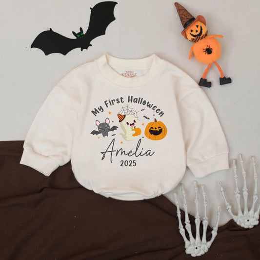 My First Halloween Baby Romper Personalized Name Ghost Pumpkin Bodysuit Cute Fall Outfit 2025 Baby Gift