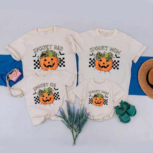 Matching Camo Spooky Family Halloween Shirts, Pumpkin Party Outfit, Custom Camouflage Spooky Dude Tee, Fall Holiday Matching Gift