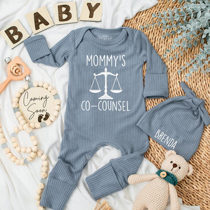 Custom Mommy's Co-Counsel Baby Bodysuit, future lawyer outfit for newborn attorney moms, perfect baby shower gift featuring cute legal design elements for your little co-counsel.